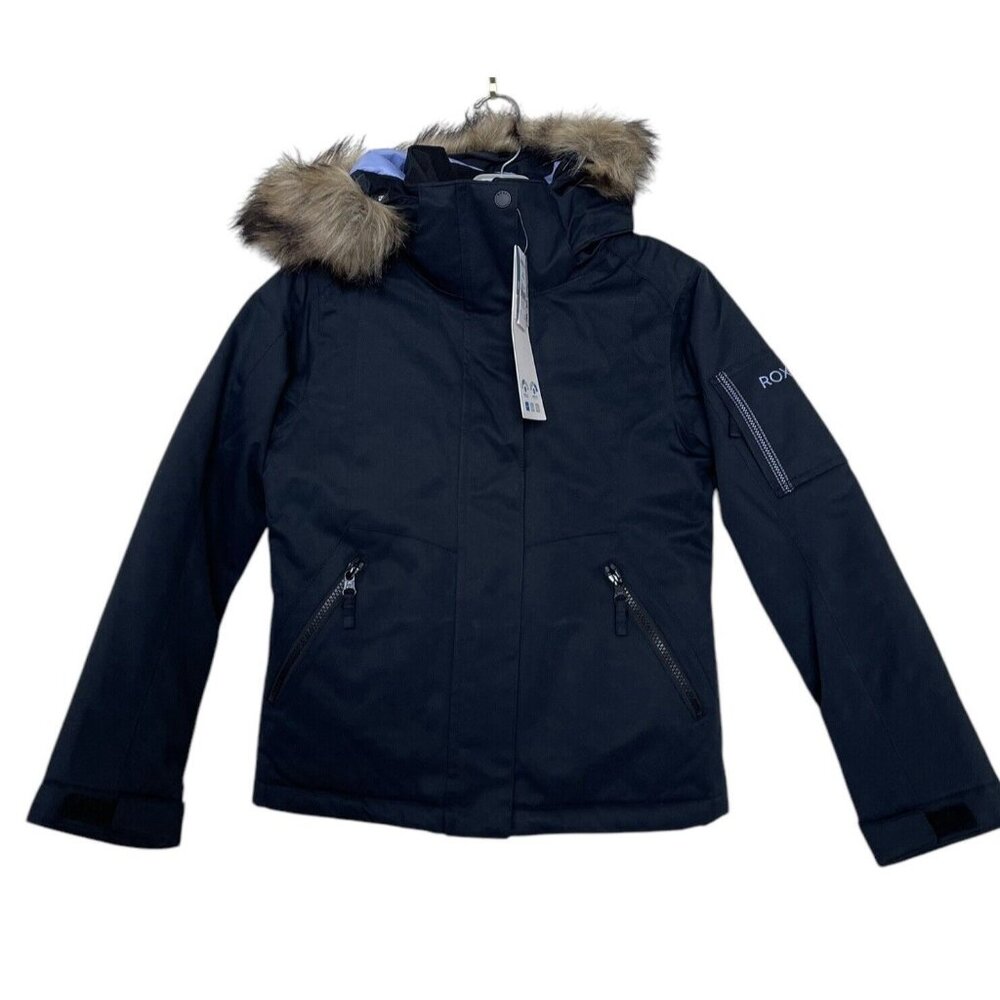 ROXY Ski Jacket Girls Size 10 M Black Faux Fur Trim Hooded Snowboarding Coat‎